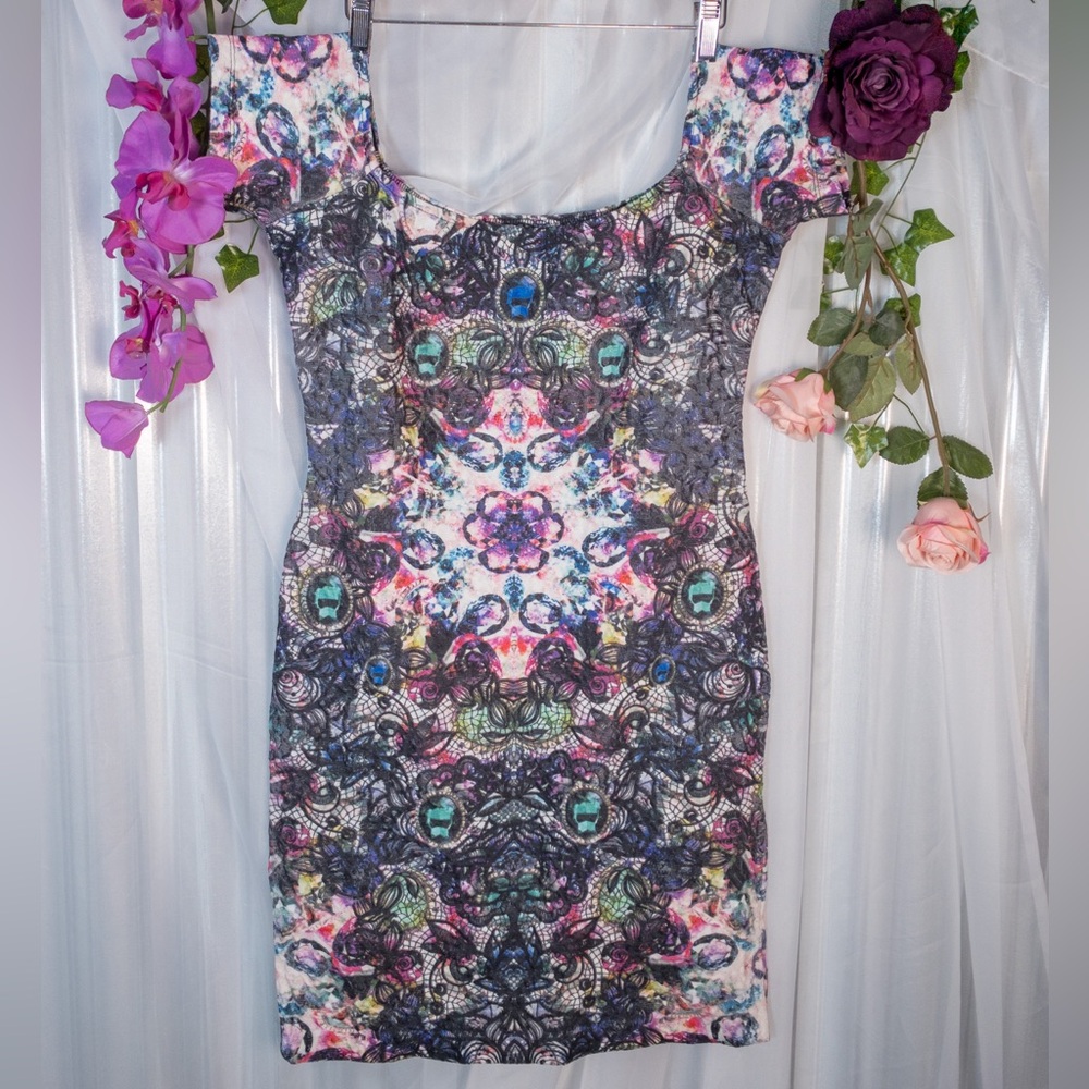 ASOS Pink and Blue Geometric Kaleidoscope Bodycon Mini Party Dress Size 8 Large